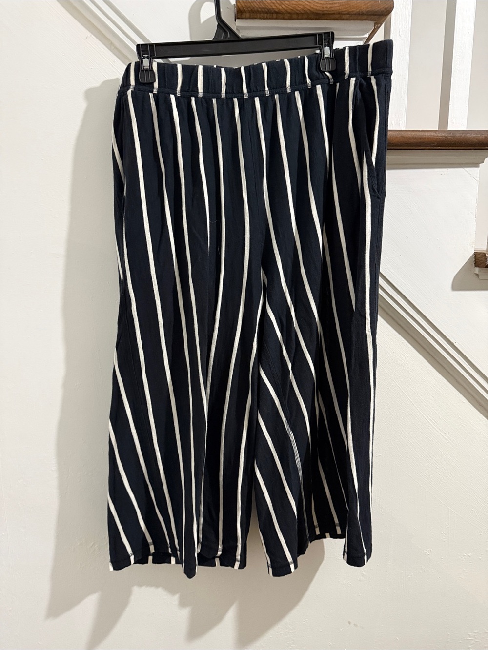 Eileen Fisher Black and White Vertical Stripe A-Line Wide Leg Pants